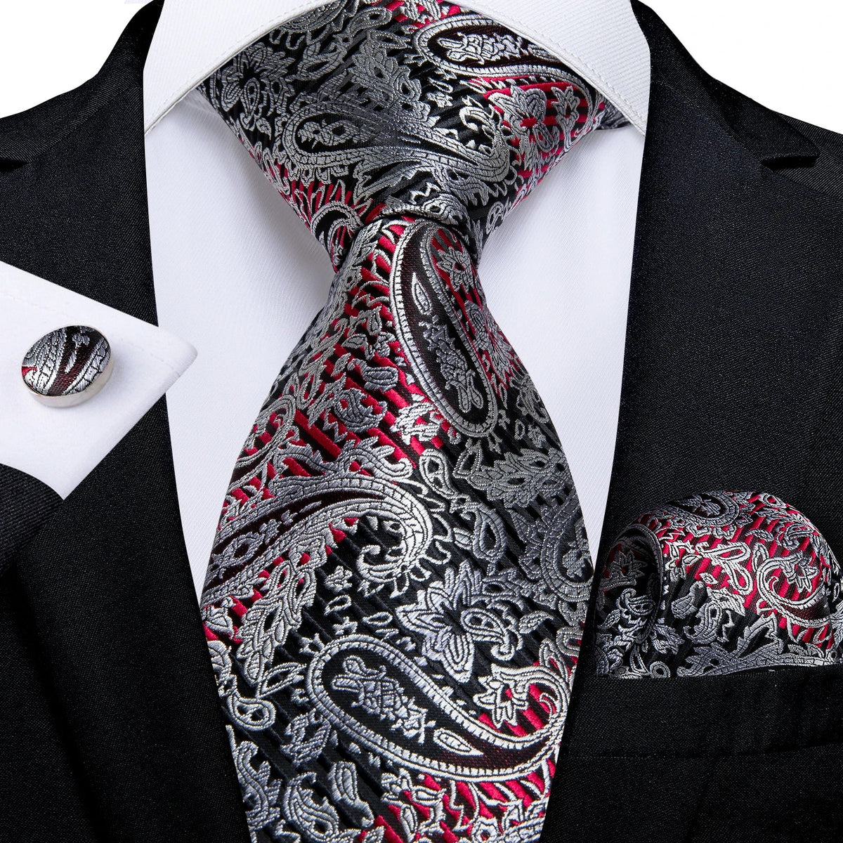 Men's gray paisley silk tie set with wedding tie, pocket square, and cufflinks, featuring elegant floral pattern and luxurious fabric.