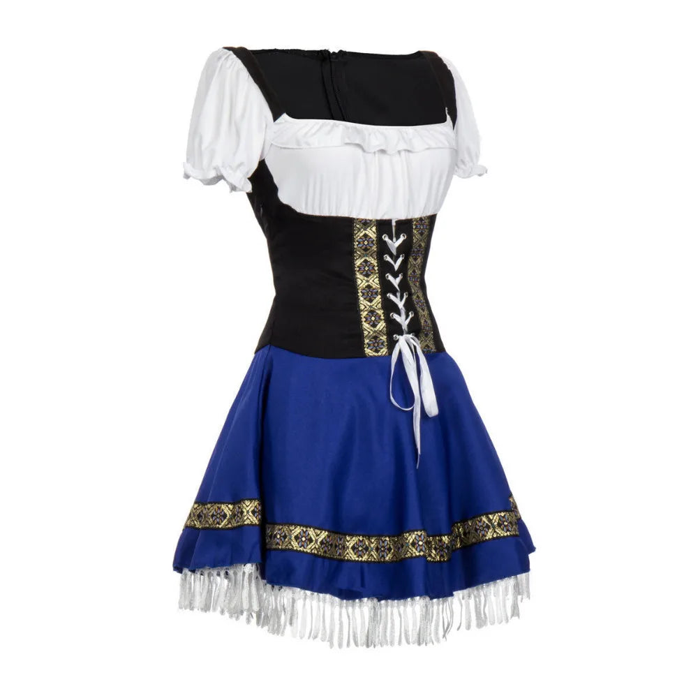 Blue women's Oktoberfest Bavarian German waitress maid costume featuring traditional design and decorative details.