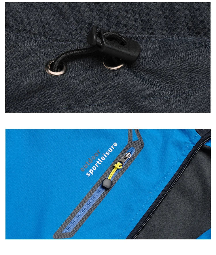 Men's outdoor hiking jacket by The Clothing Company Sydney, waterproof and windproof with adjustable hood and multiple pockets.