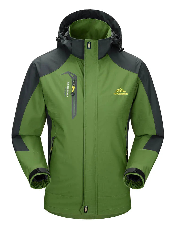 Men's outdoor camping hiking jacket by The Clothing Company Sydney, shown in dark weather-resistant fabric with adjustable hood