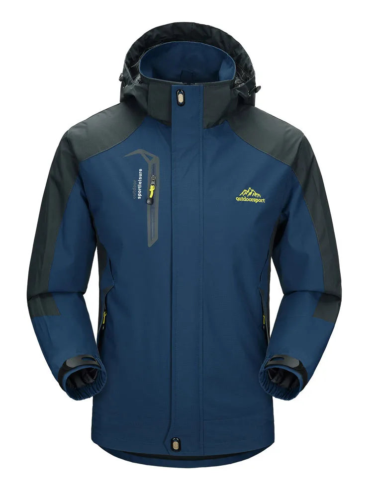 Men's outdoor camping hiking jacket by The Clothing Company Sydney, shown in dark green with zipper and adjustable hood.