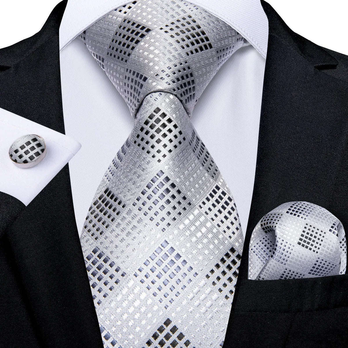 Men's gray paisley silk tie set with matching pocket square and cufflinks, stylish wedding accessory from The Clothing Company Sydney