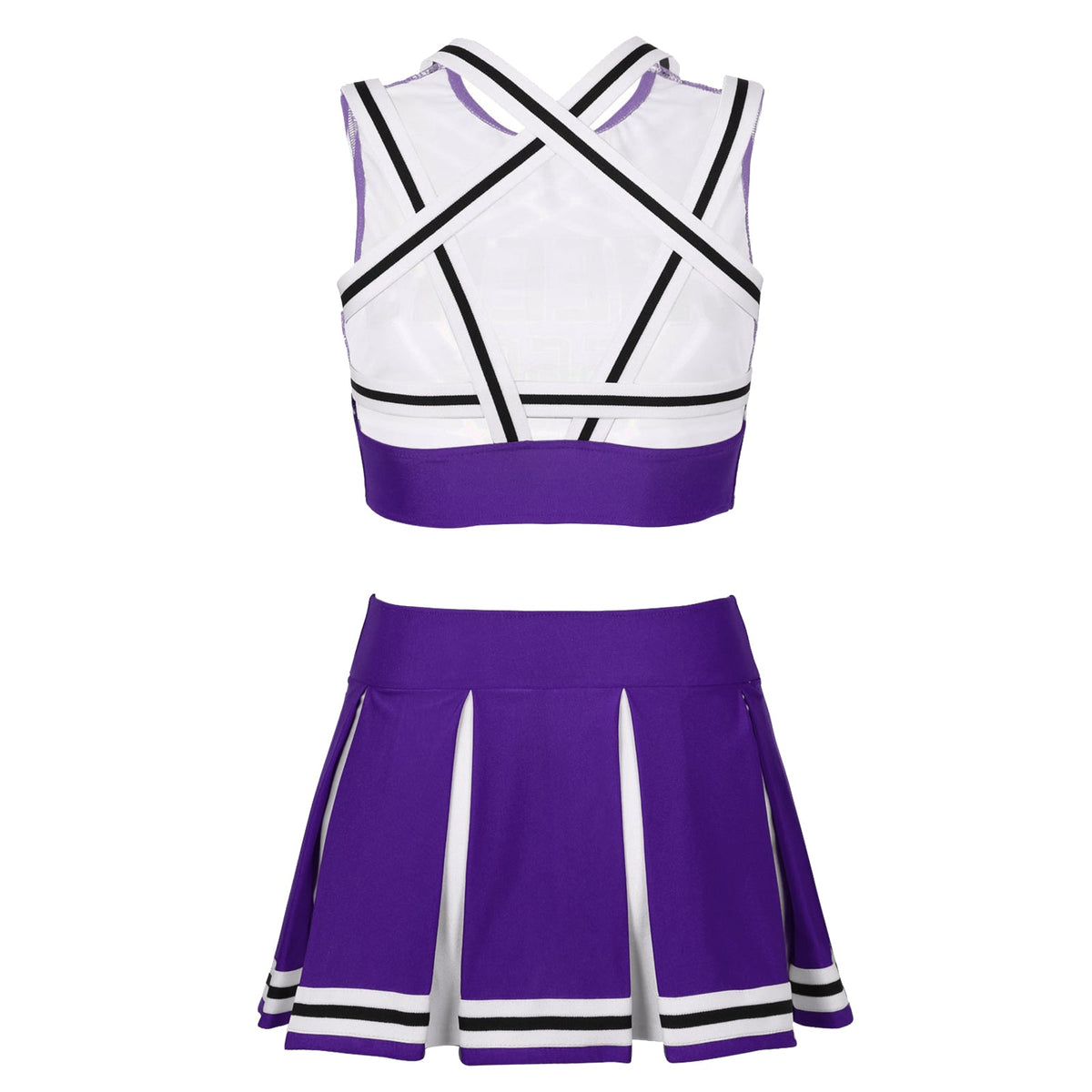 Women's cheerleader cosplay costume with stand collar crop top and mini pleated skirt from The Clothing Company Sydney.