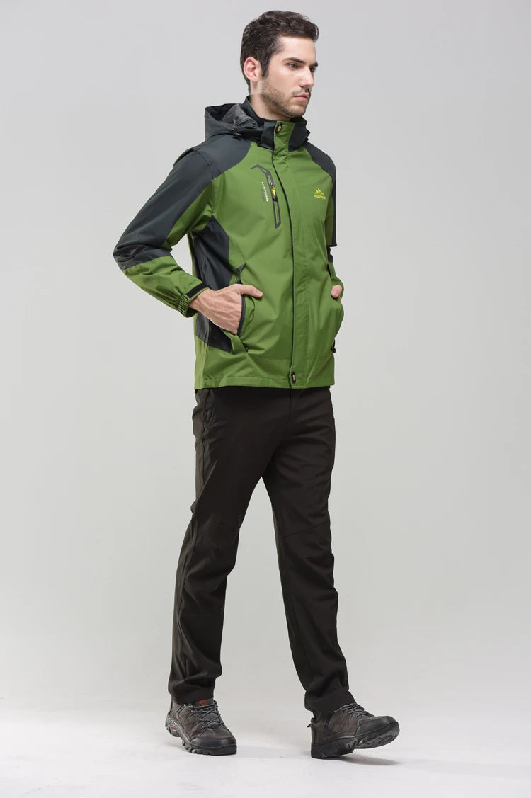 Men's outdoor camping hiking jacket by The Clothing Company Sydney, showing a durable, weather-resistant jacket with a hood and multiple pockets.