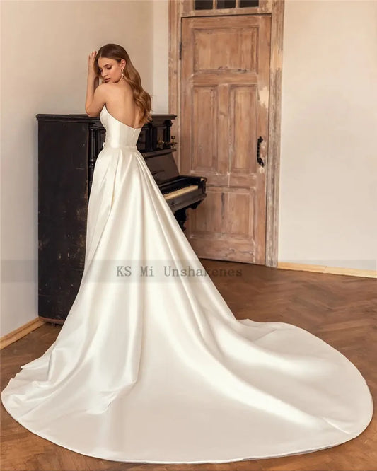 Elegant Ivory Detachable Train Wedding Dresses Mermaid Satin Bride Dress Wedding Gowns - The Clothing Company Sydney