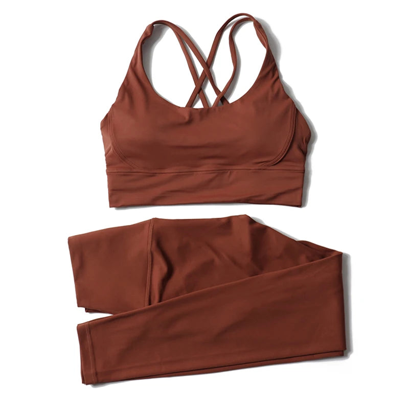 Nylon women's yoga and fitness set with leggings and sports bra, breathable gym tracksuit from The Clothing Company Sydney.