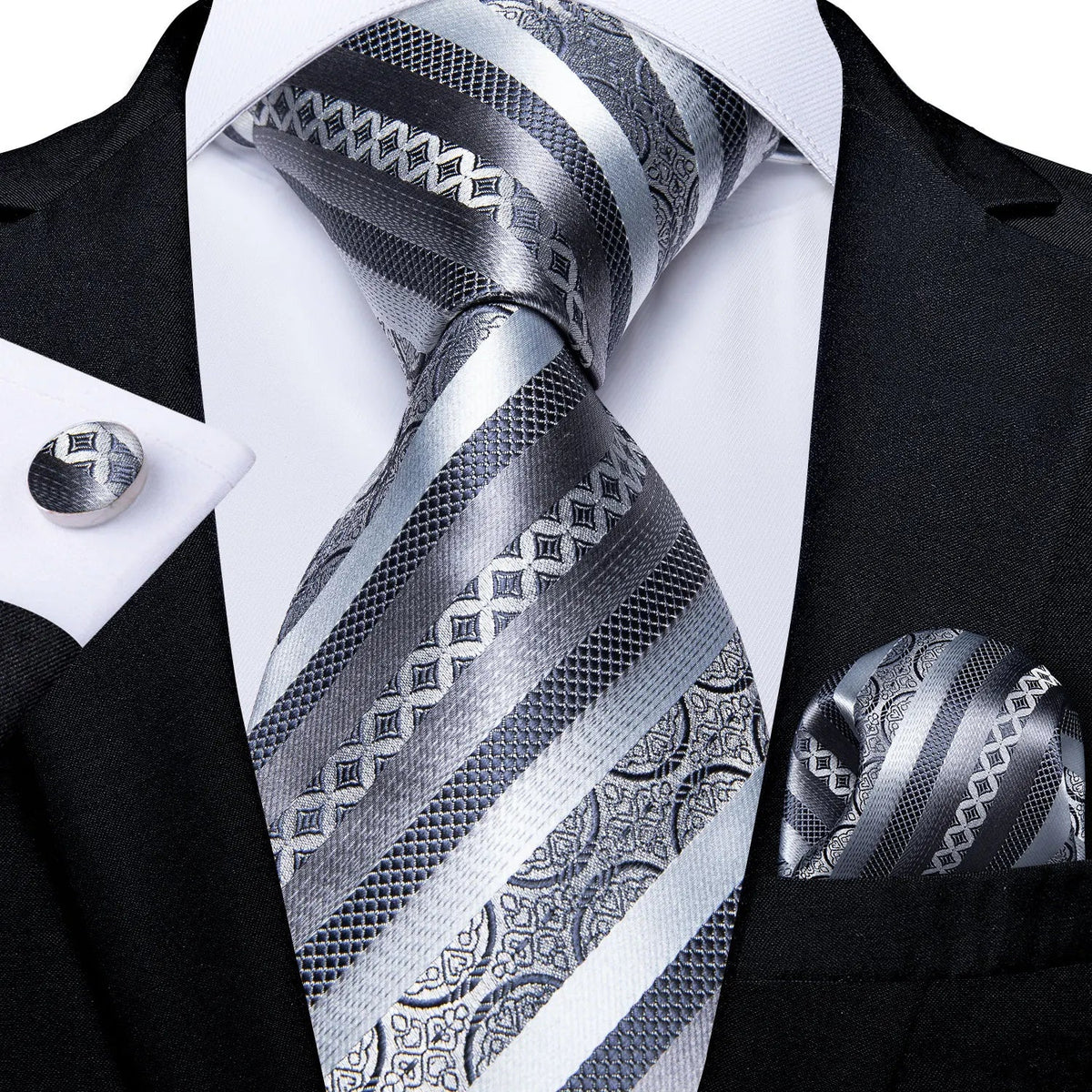 Men's gray paisley silk tie set with matching pocket square and cufflinks, ideal for weddings, by The Clothing Company Sydney.