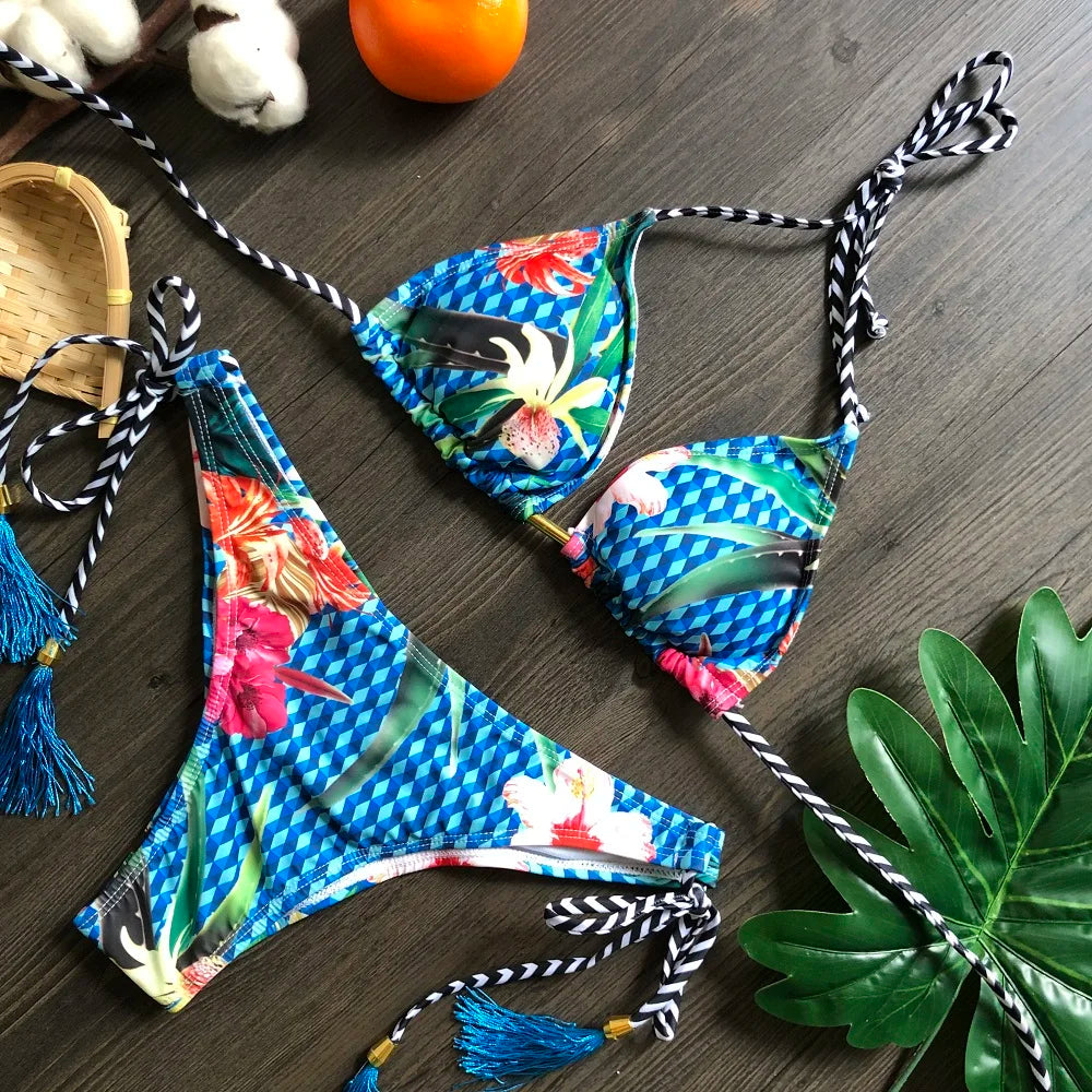 2 Piece Micro Swimsuit Women Feather Print Swimwear Female Bathing Suit Bikini Set The Clothing Company Sydney