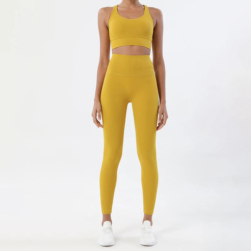 Nylon women's yoga and fitness set with sports bra and leggings by The Clothing Company Sydney, breathable and comfortable for gym workouts.