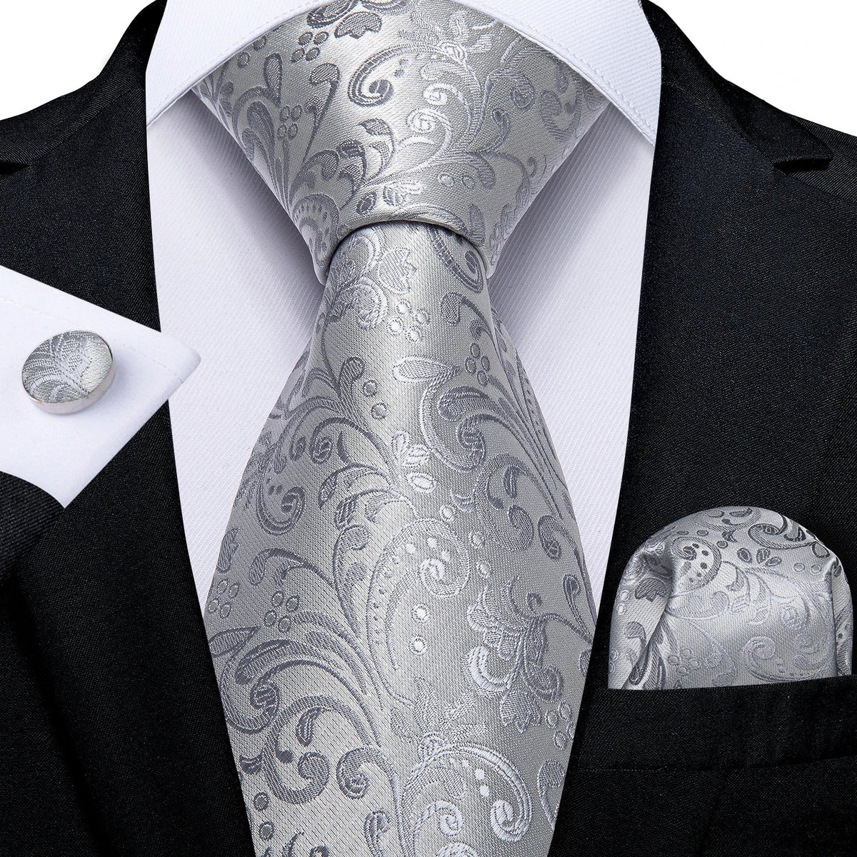 Men's gray paisley silk tie set with wedding tie, pocket square, and cufflinks, featuring elegant paisley pattern and silk texture.
