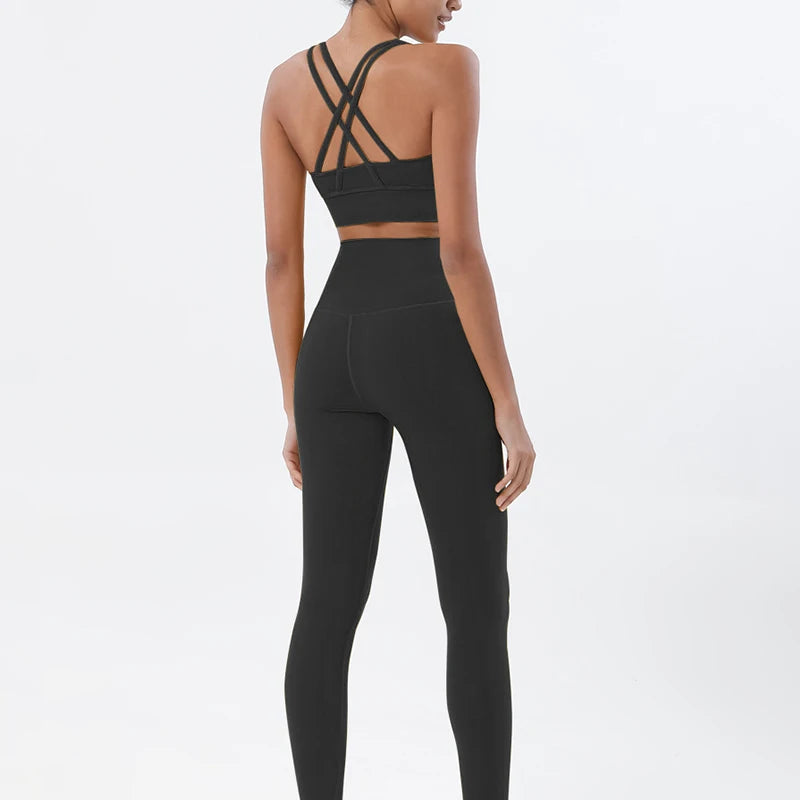 Nylon women's yoga set with matching leggings and sports bra, breathable gym fitness tracksuit from The Clothing Company Sydney.
