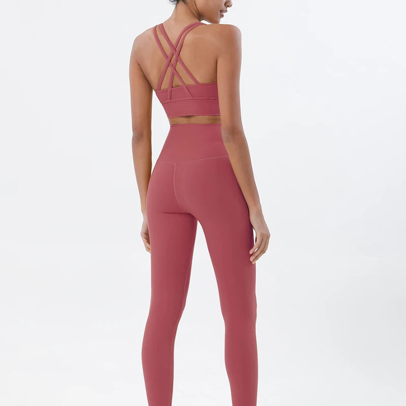 Nylon women's yoga set with leggings and sports bra from The Clothing Company Sydney, breathable fitness sportswear for women.