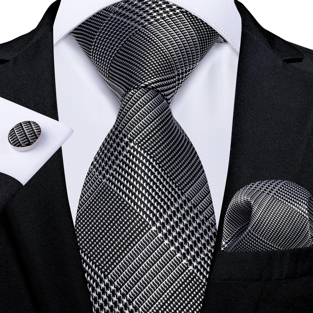 Men's gray paisley silk tie set with matching pocket square and cufflinks, stylish wedding accessory from The Clothing Company Sydney