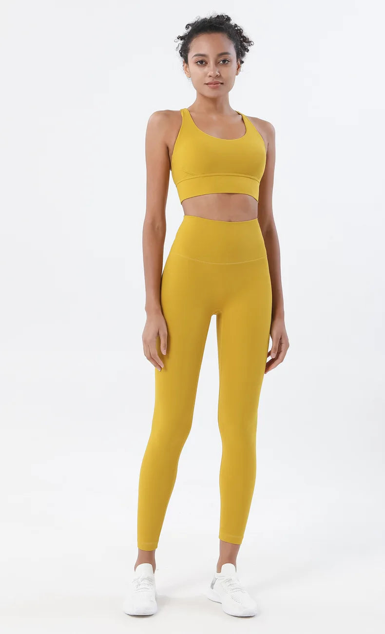 Women's nylon yoga and fitness set with breathable sports bra and leggings, by The Clothing Company Sydney.
