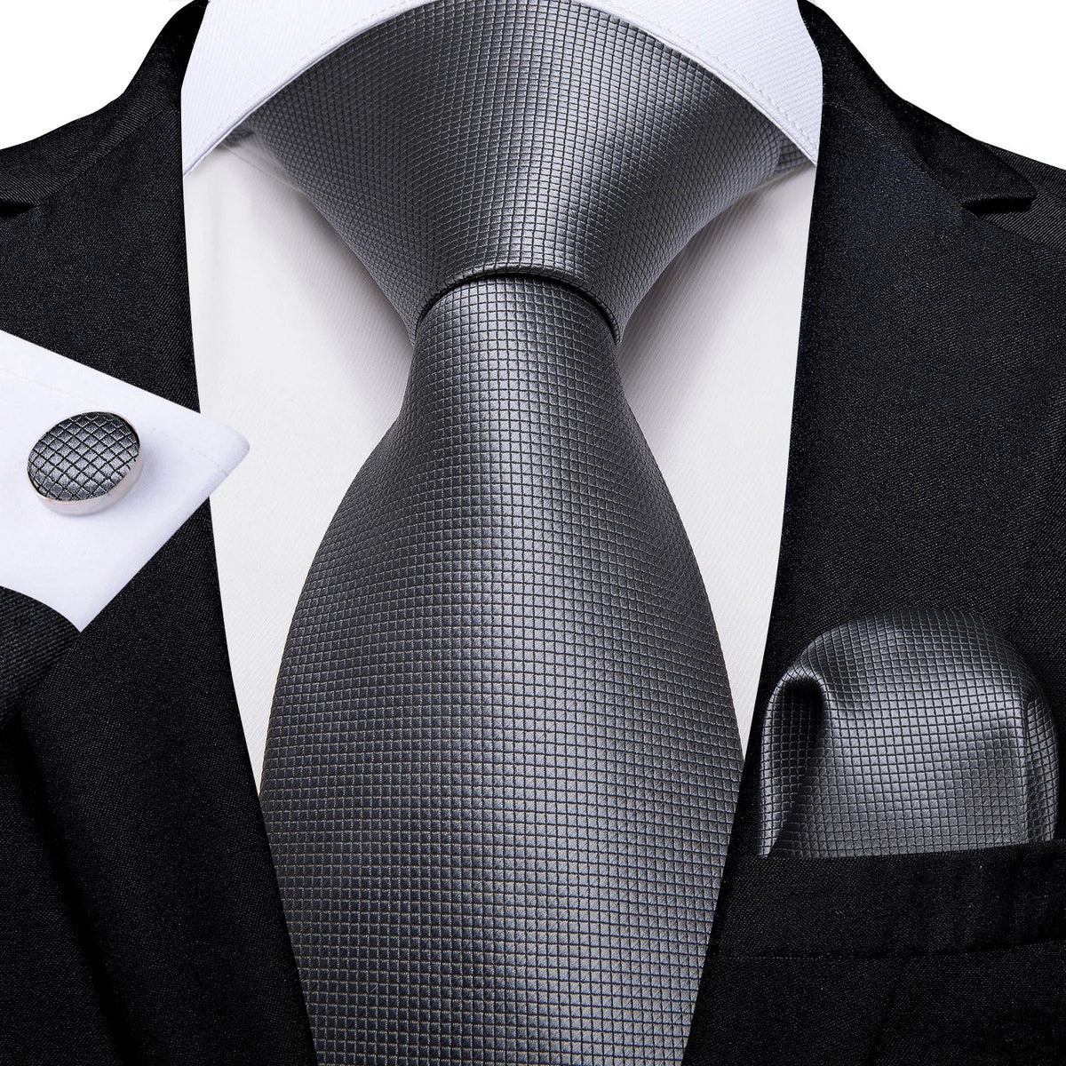 Men's gray paisley silk tie set with matching pocket square and cufflinks, perfect for wedding attire by The Clothing Company Sydney.