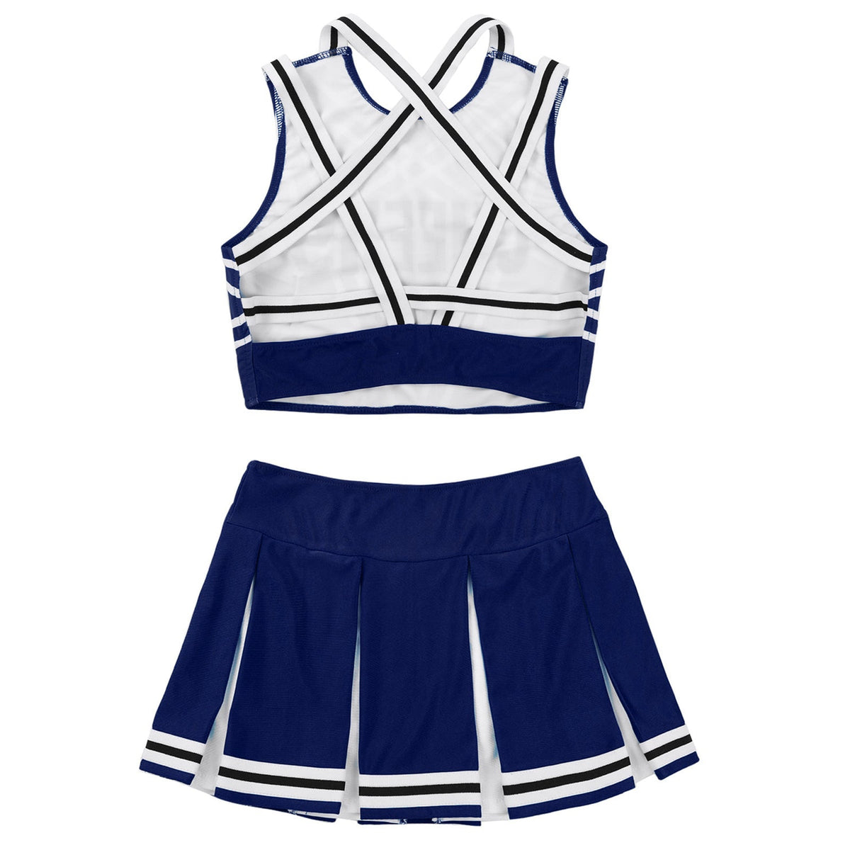 Women's cheerleader cosplay costume with stand collar crop top and mini pleated skirt, by The Clothing Company Sydney.