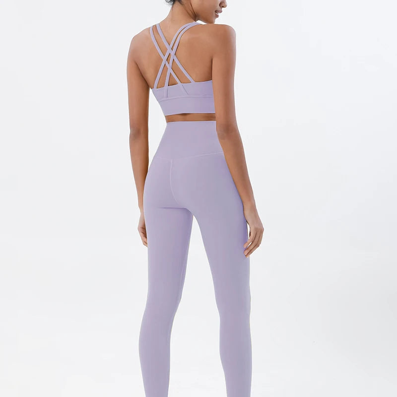 Nylon women's yoga and fitness set featuring breathable sports bra and matching leggings, stylish gym tracksuit from The Clothing Company Sydney