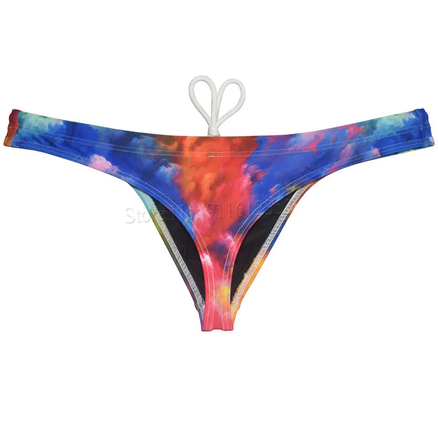 Men's bikini swim thong from The Clothing Company Sydney, printed T-back swimsuit with smooth fabric, perfect for beach and surfing.