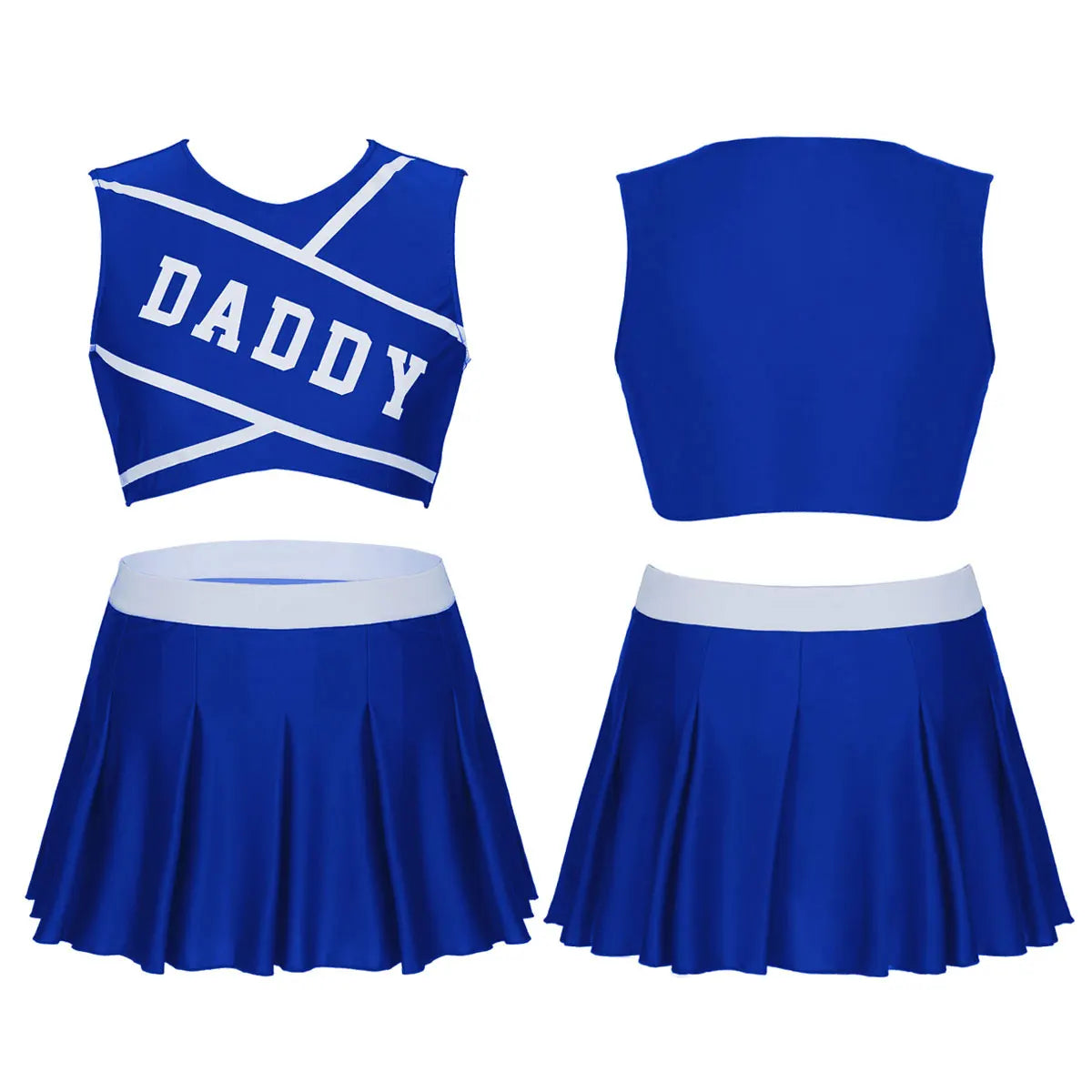 Women's cheerleader cosplay costume with crop top and mini pleated skirt, featuring stand collar, from The Clothing Company Sydney.