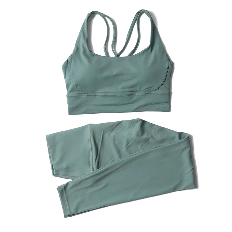 Nylon women's yoga and fitness set with breathable sports bra and leggings, from The Clothing Company Sydney, designed for gym and workout.