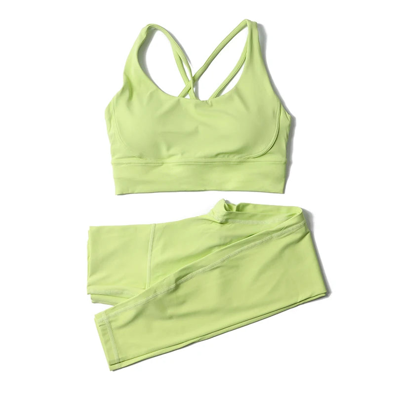 Nylon women's yoga and fitness set with breathable sports bra and leggings, stylish gym tracksuit from The Clothing Company Sydney.