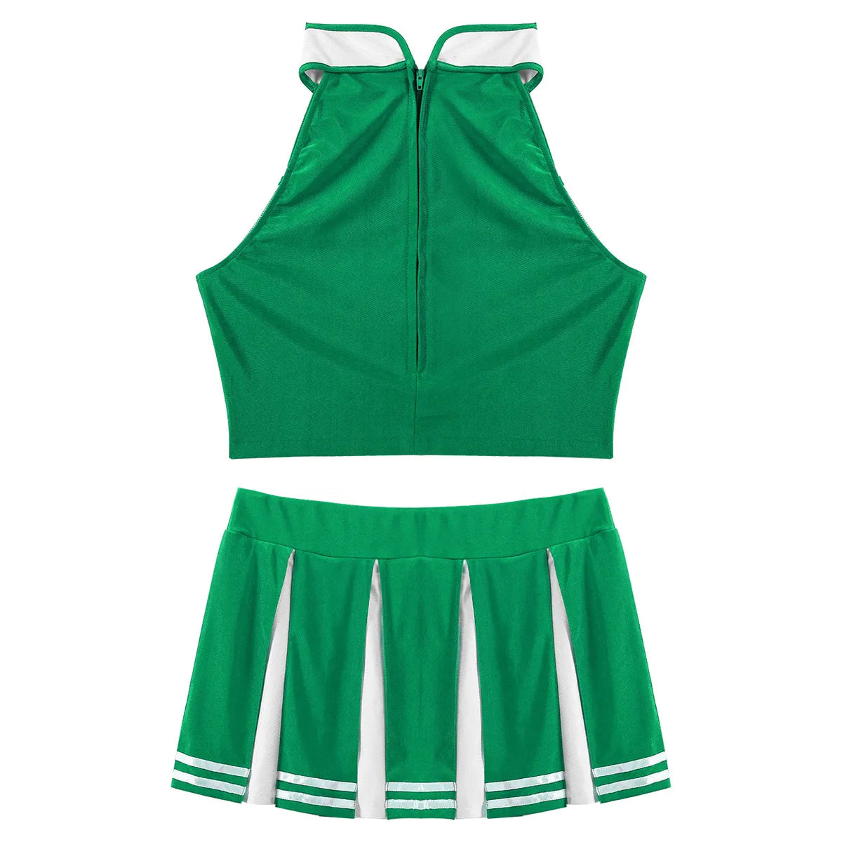 Women's cheerleader cosplay costume with stand collar crop top and mini pleated skirt, designed for carnival cheerleading performances.
