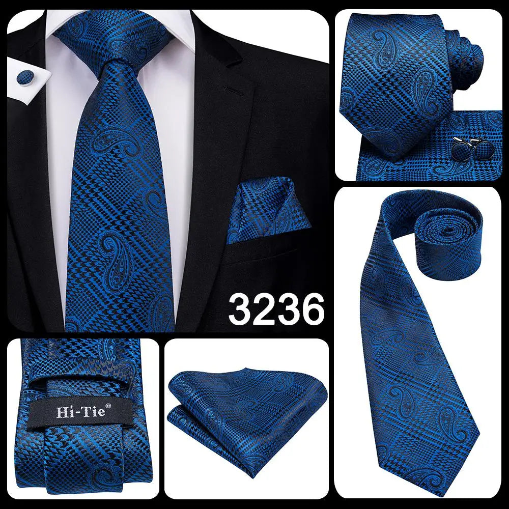 Blue paisley silk tie set for men including necktie, cufflinks, and hanky, from The Clothing Company Sydney.