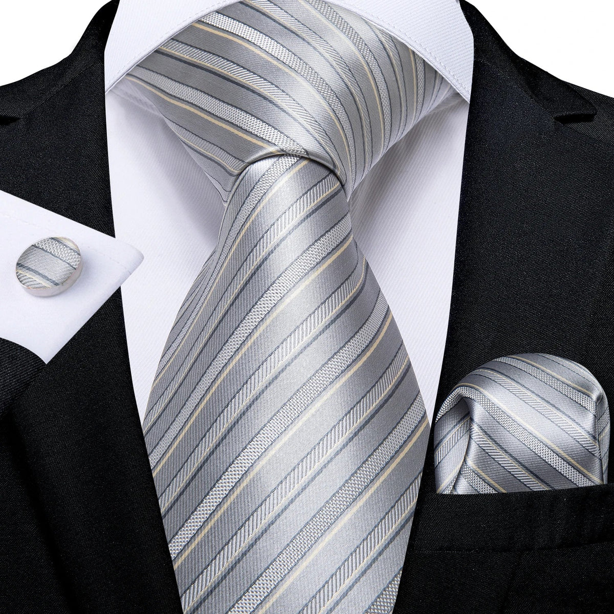 Men's gray paisley silk tie set including wedding tie, pocket square, and cufflinks from The Clothing Company Sydney.