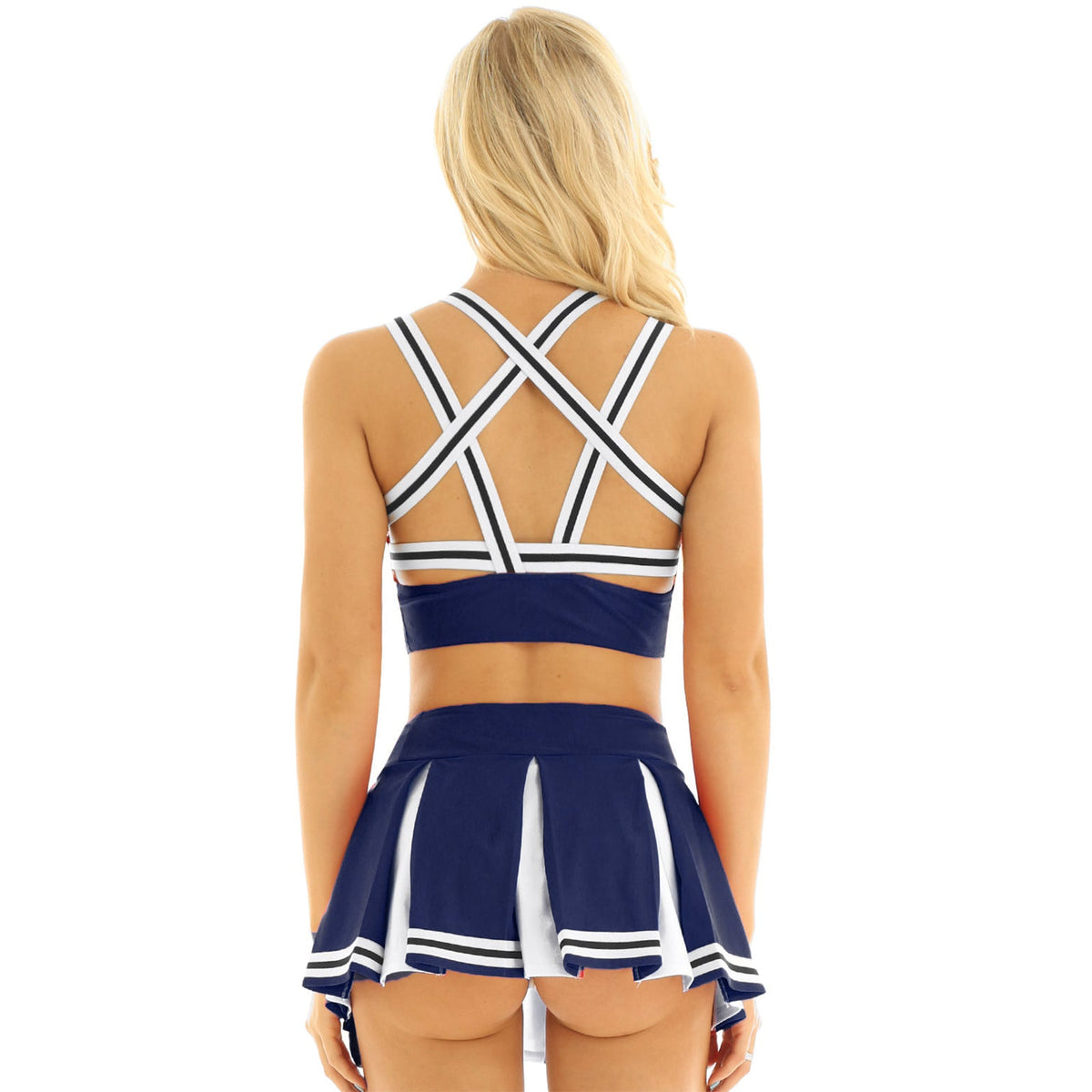 Women's cheerleader cosplay costume with stand collar crop top and mini pleated skirt, featuring vibrant colors and sporty design.