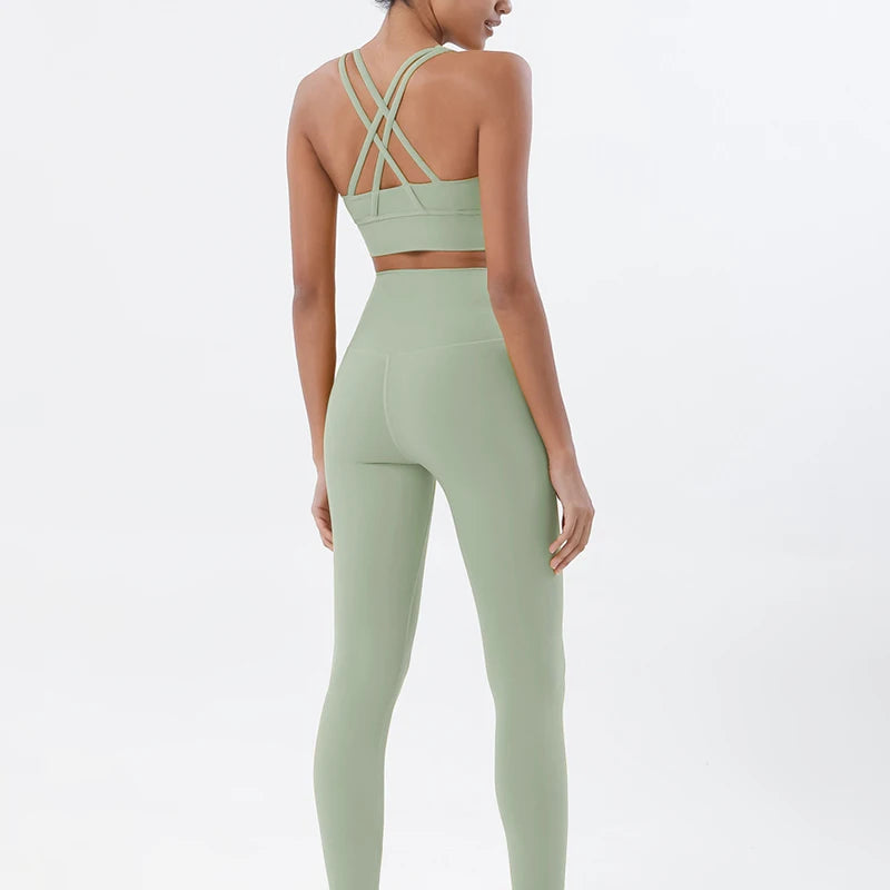 Nylon women's yoga and fitness set with leggings and sports bra, breathable gym sportwear from The Clothing Company Sydney.