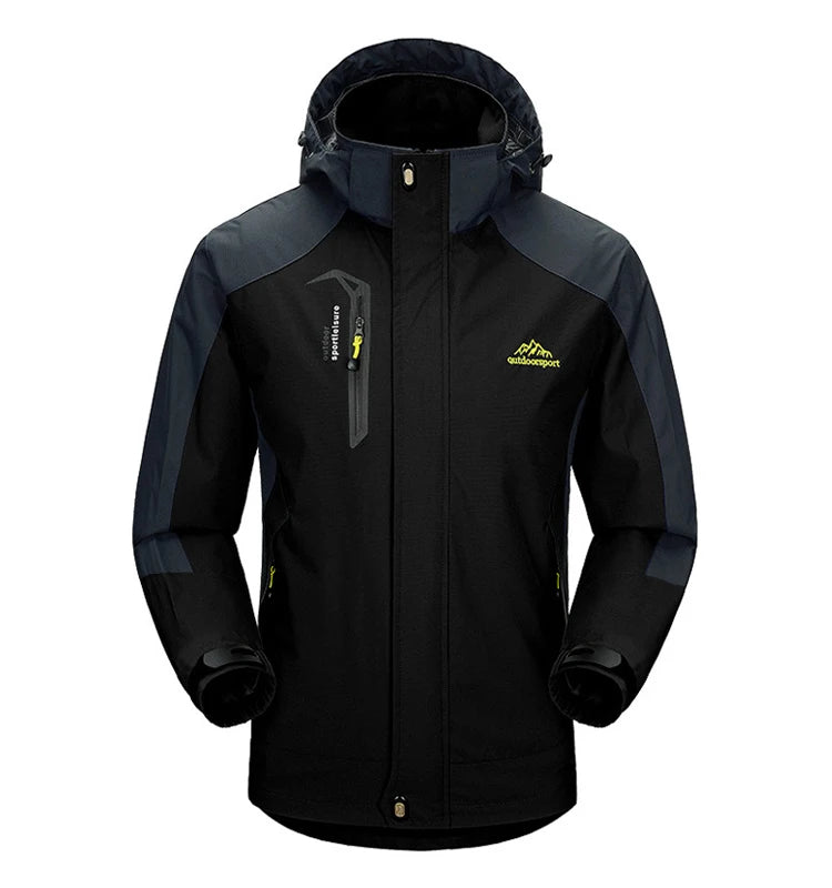 Men's outdoor camping hiking jacket by The Clothing Company Sydney, showing its durable waterproof fabric and adjustable hood.