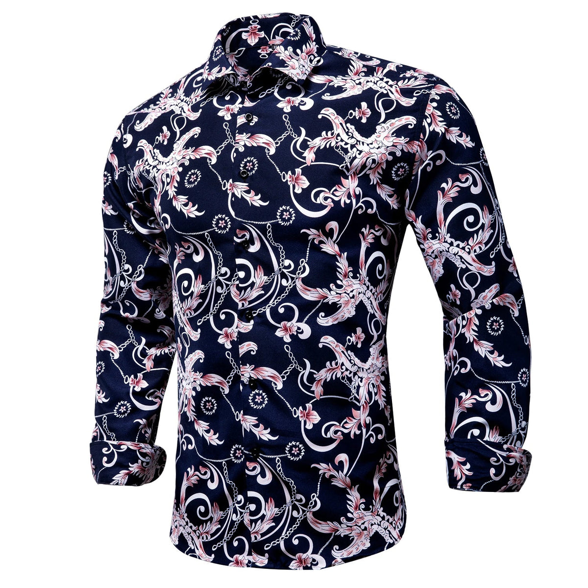 Gold and black men's silk shirt with paisley floral pattern, long sleeves, suitable for business, party, or wedding occasions.
