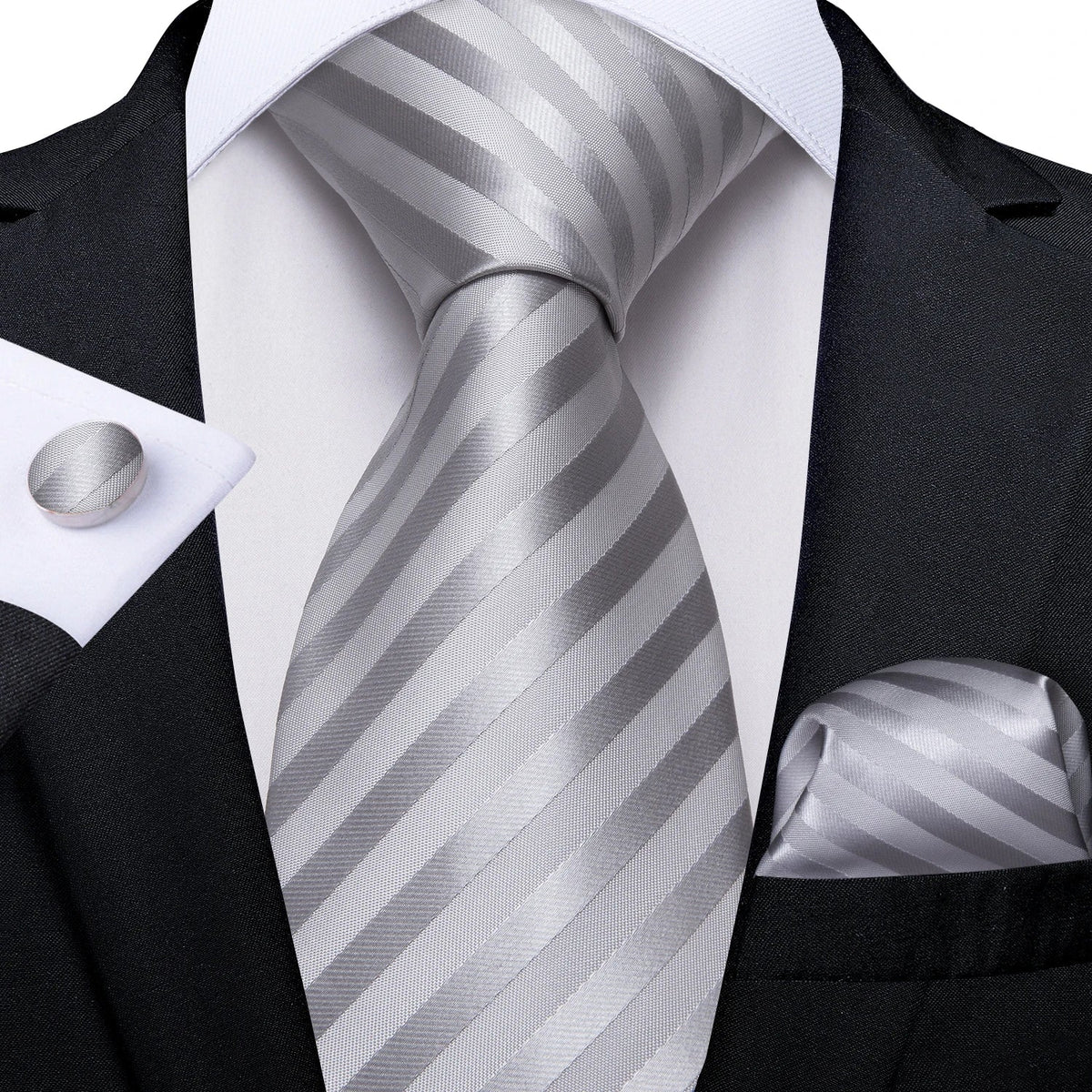 Men's gray paisley silk tie set with matching pocket square and cufflinks, perfect for weddings, by The Clothing Company Sydney.