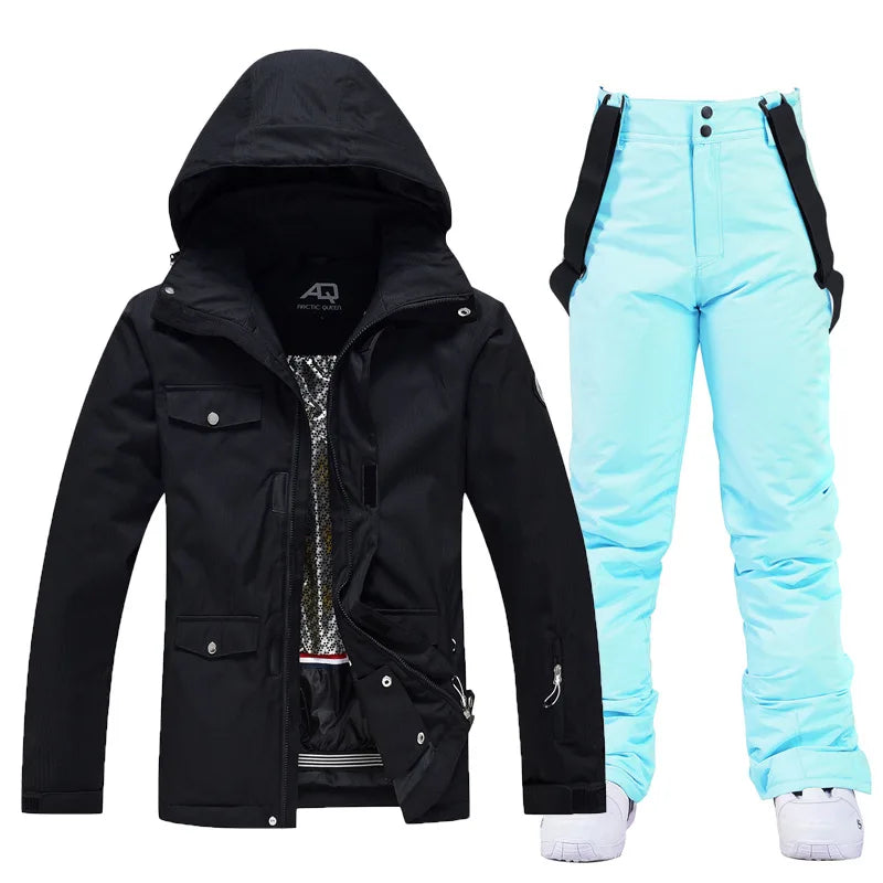 Women's 2-piece ski suit by The Clothing Company Sydney, waterproof windproof snowboard jacket and pants set for winter sports.