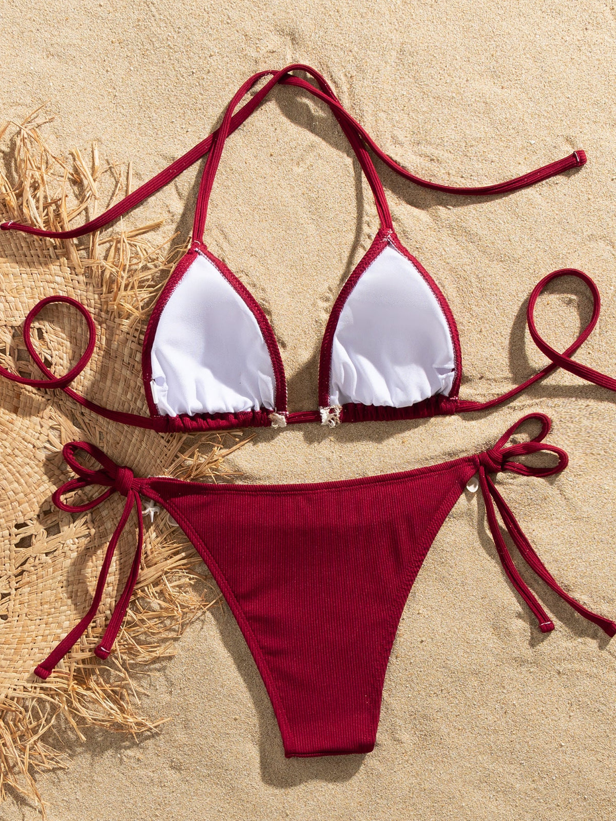 Shell decoration ribbed bikini set for women, stylish two-piece swimsuit with halter straps and strappy design by The Clothing Company Sydney