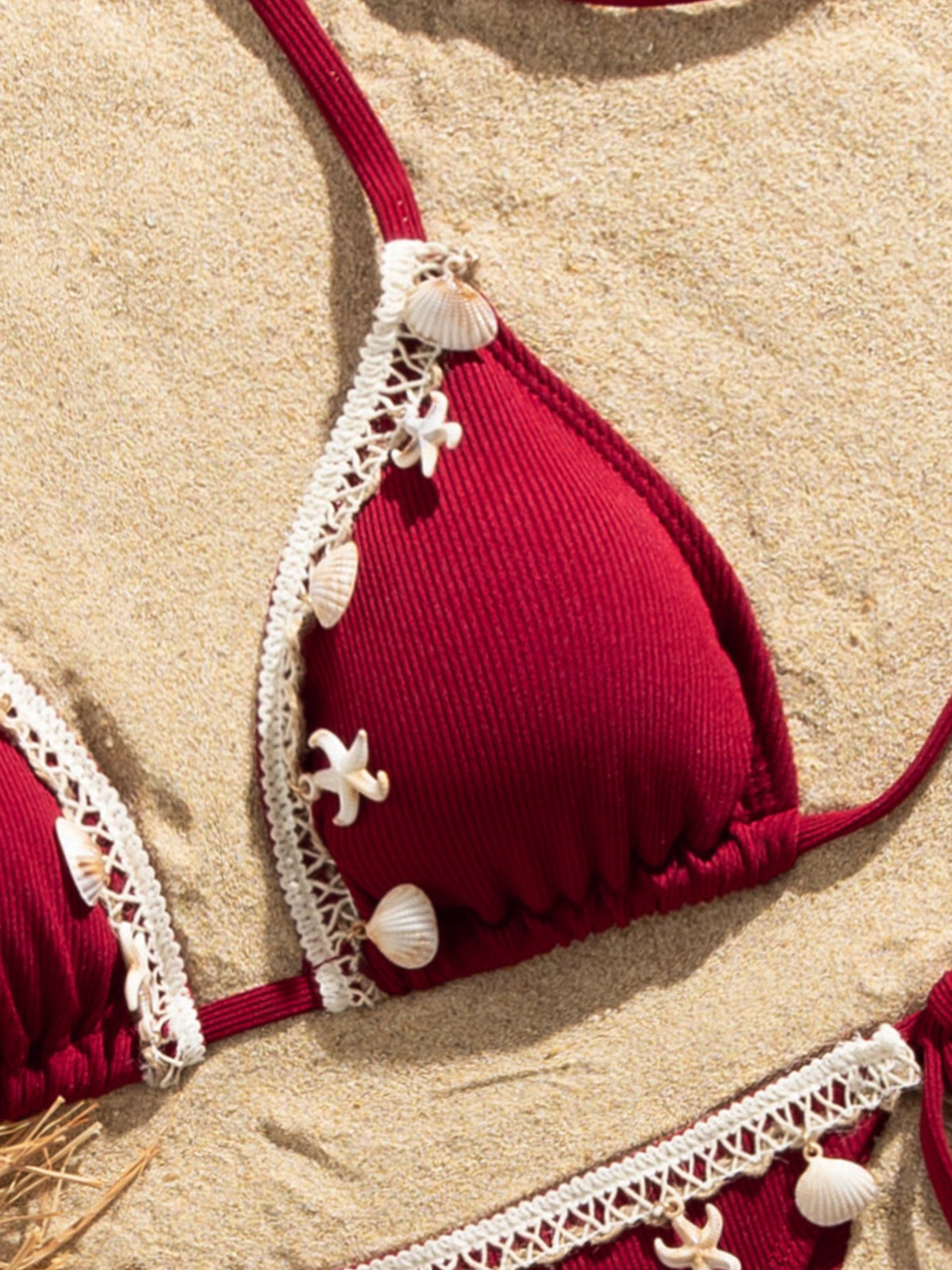 Ribbed shell decoration two-piece bikini set for women with halter straps, from The Clothing Company Sydney, perfect for swimming.
