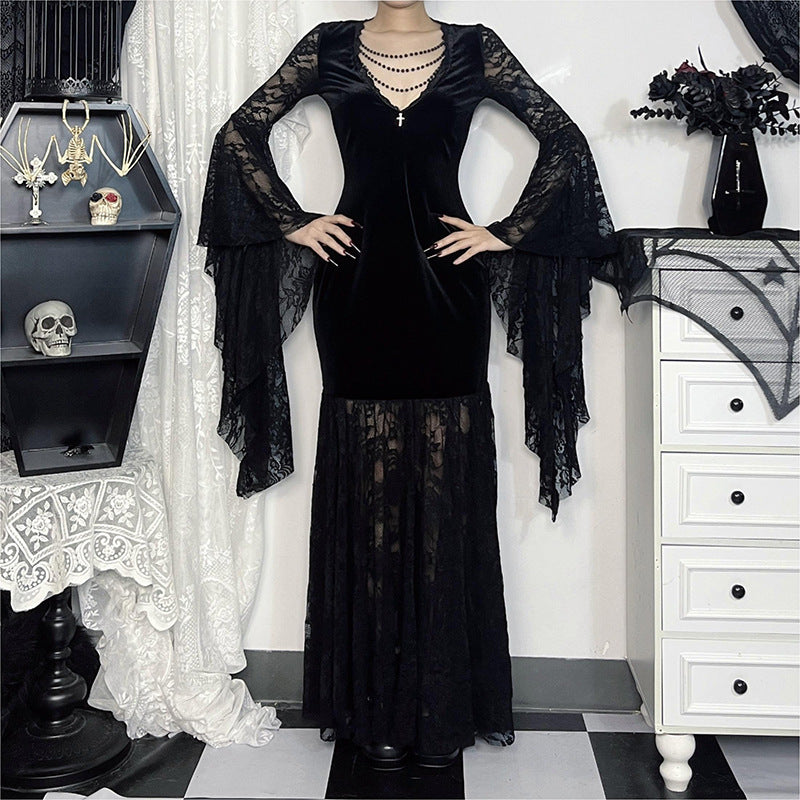 Black Gothic dress with batwing sleeves, women's Halloween costume by The Clothing Company Sydney, featuring a dark, stylish design.