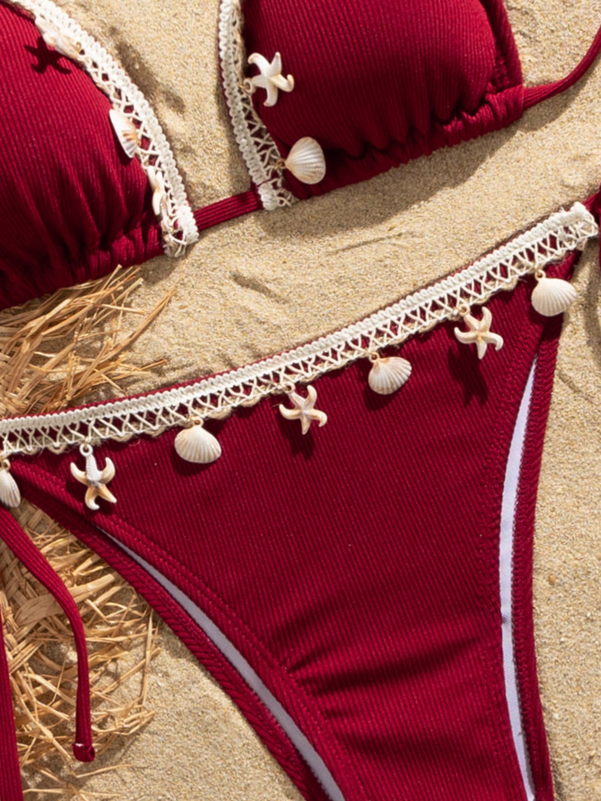 Ribbed shell decoration two-piece bikini set for women, halter and strappy swimwear, by The Clothing Company Sydney.