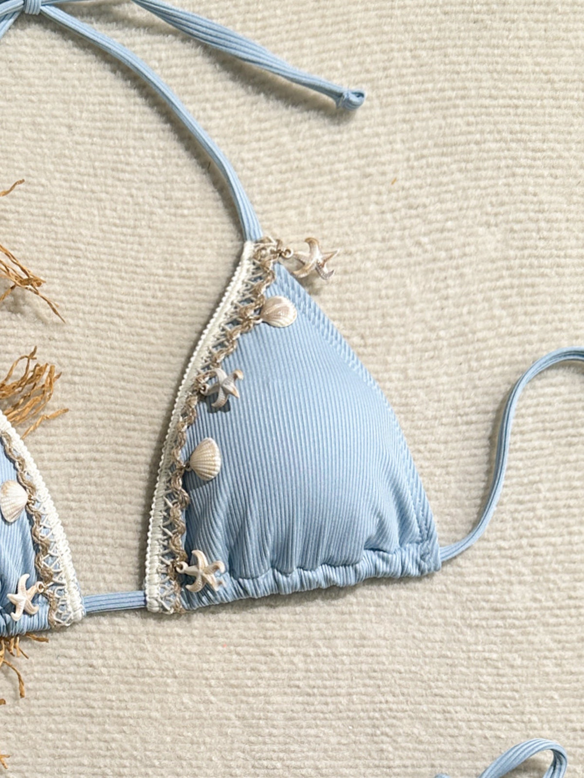 Ribbed shell-embellished two-piece bikini set for women with halter straps, by The Clothing Company Sydney, perfect for beachwear.