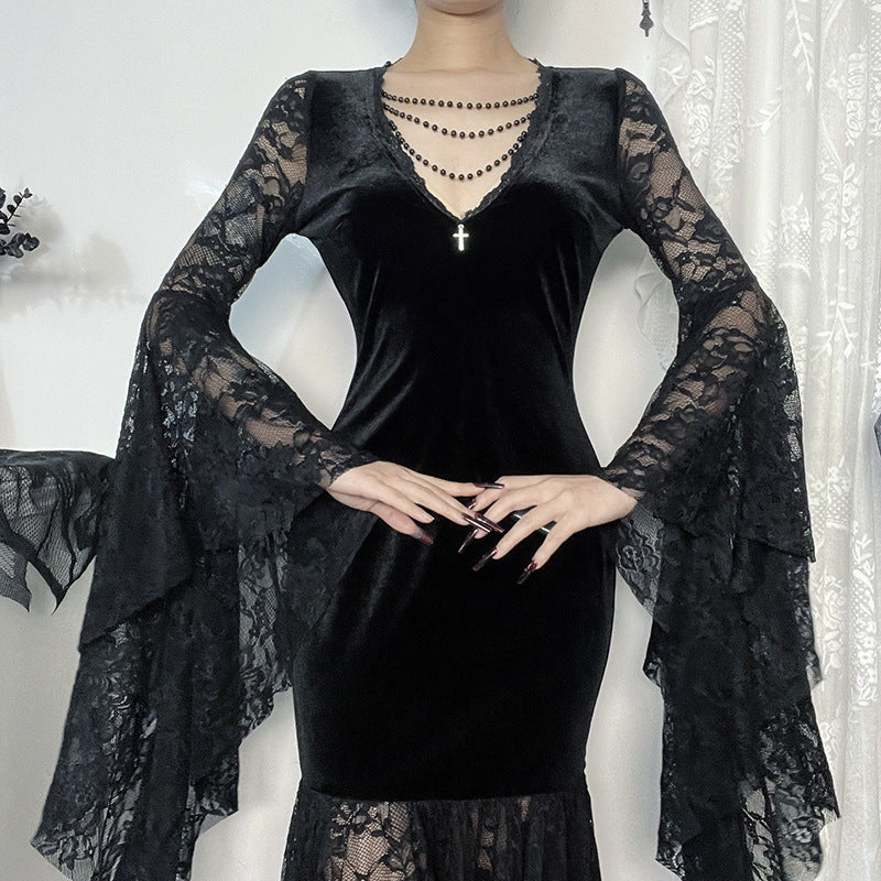 Women's Gothic Halloween dress with batwing sleeves in black, featuring a stylish and spooky design by The Clothing Company Sydney.