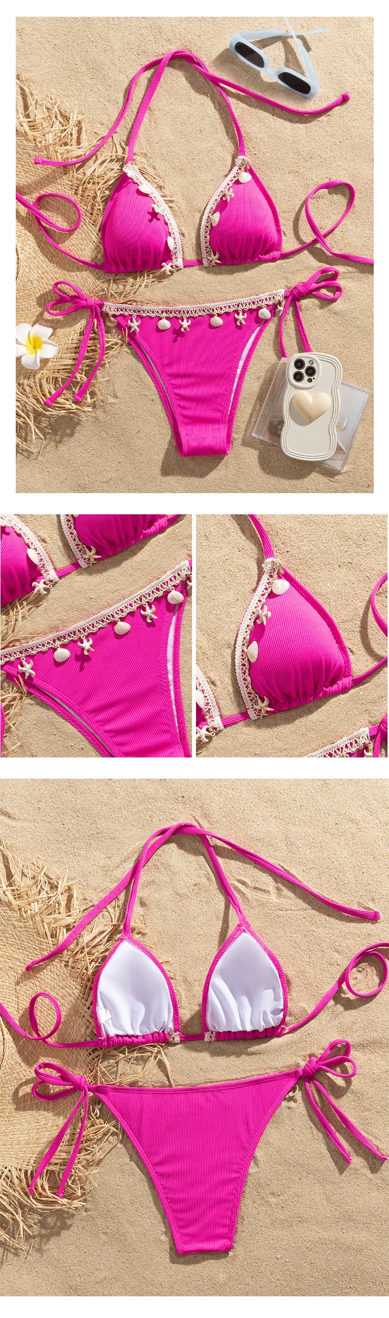 Ribbed shell decoration two-piece bikini set for women with halter and strappy design, ideal for beach or pool swimwear.
