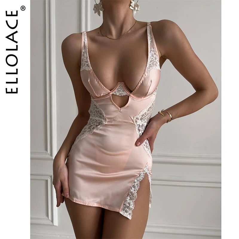Deep-V neck satin lingerie slip dress with lace patchwork and split design, stylish nightwear by The Clothing Company Sydney.