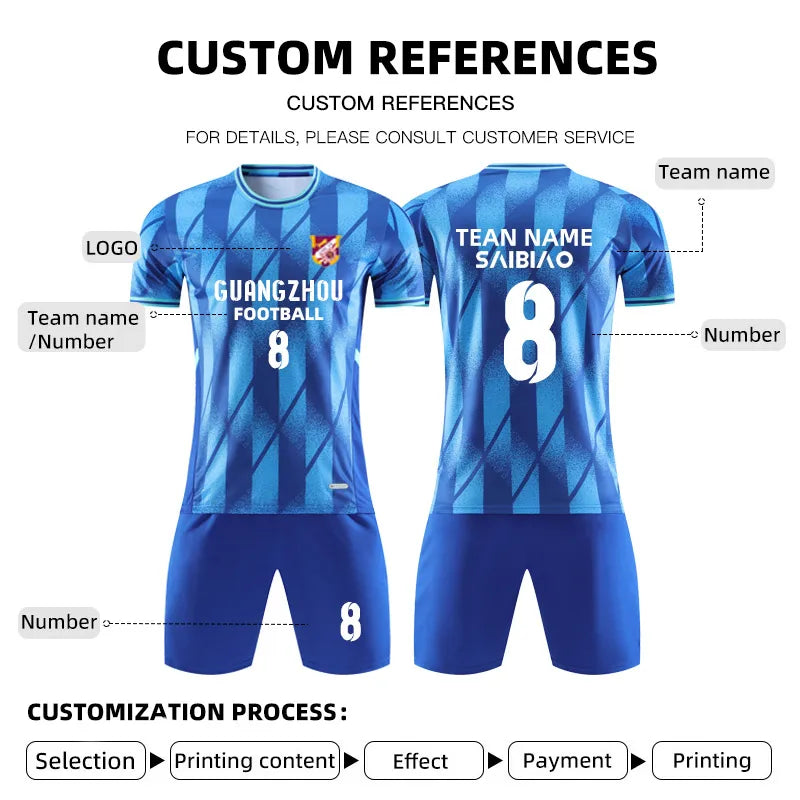 Adult kids football jersey and soccer uniform set by The Clothing Company Sydney, quick-drying sportswear for team training.