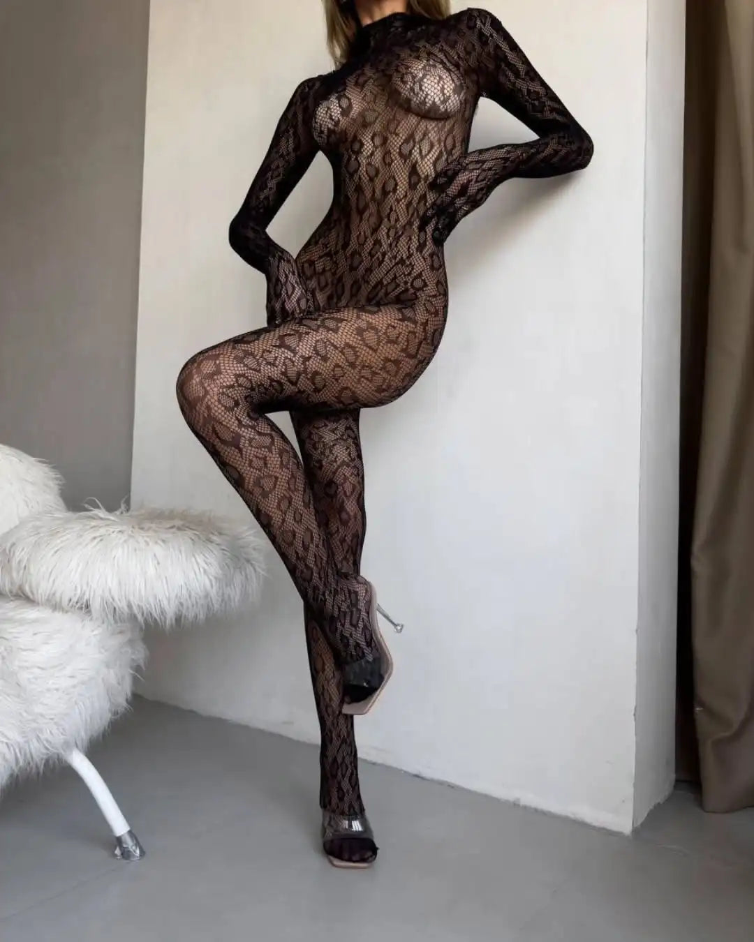 Backless sheer long sleeve jumpsuit from The Clothing Company Sydney, ideal for party cosplay or lingerie styling.