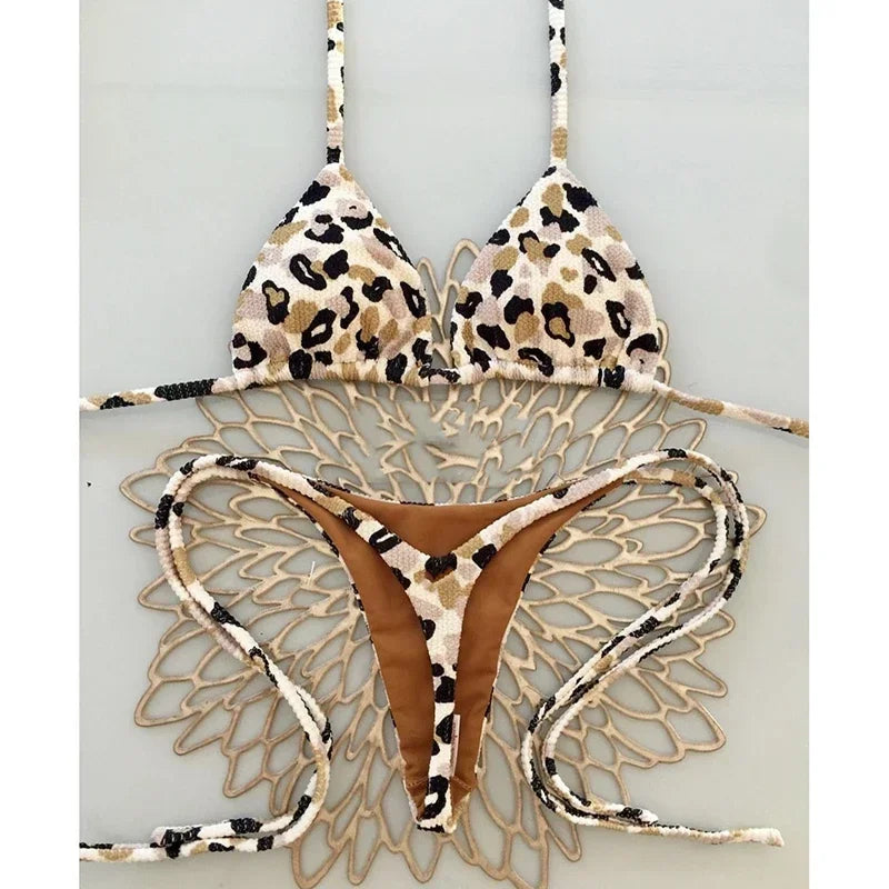 2 Piece Swimwear Leopard Printed Micro Bikini Set Striped Beachwear Summer Swimsuit Two-pieces Thong Bathing Suit