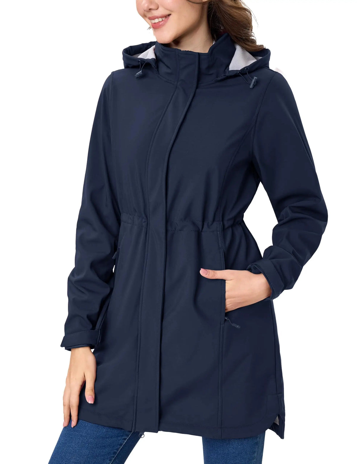 Women's long fleece-lined softshell jacket with hood, windproof raincoat, warm winter windbreaker by The Clothing Company Sydney
