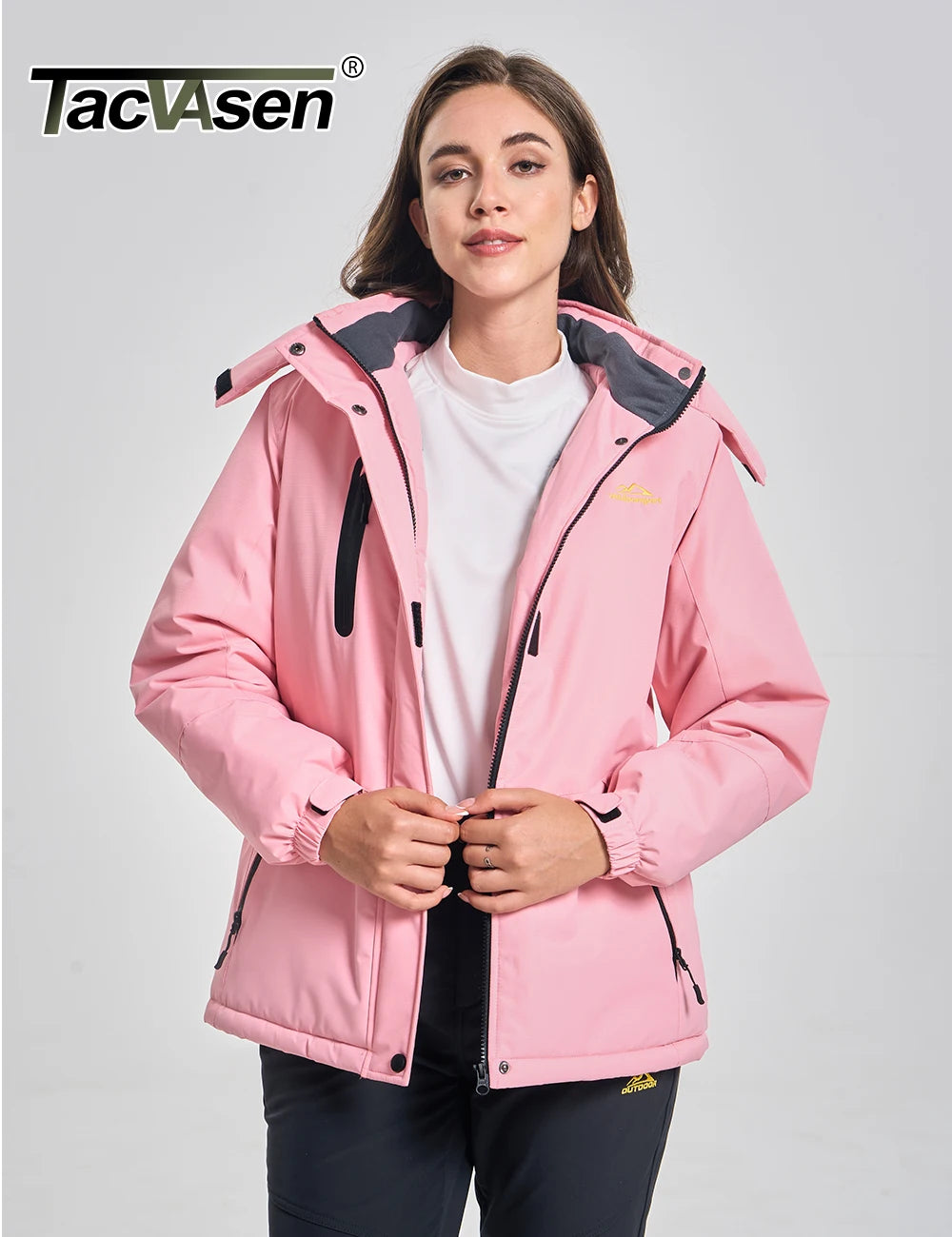 Women's winter thermal fleece-lined waterproof ski hood coat from The Clothing Company Sydney, with snowboarding windbreaker features.
