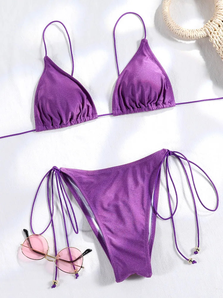 2 Piece Triangle Micro Thongs Swimsuit Bathing Suit Bandage Beachwear Print Swimwear Thong Bikini Set