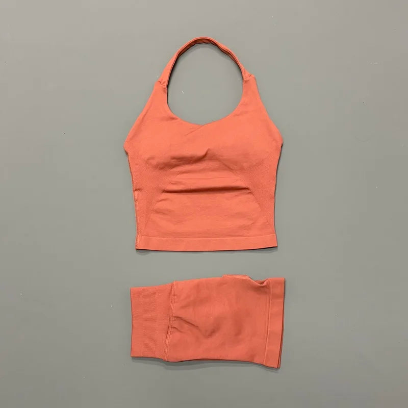 2 Piece Sports Halter Top Strappy Bra Shorts Matching Set Seamless Yoga Gym Running Fitness Shorts Suit