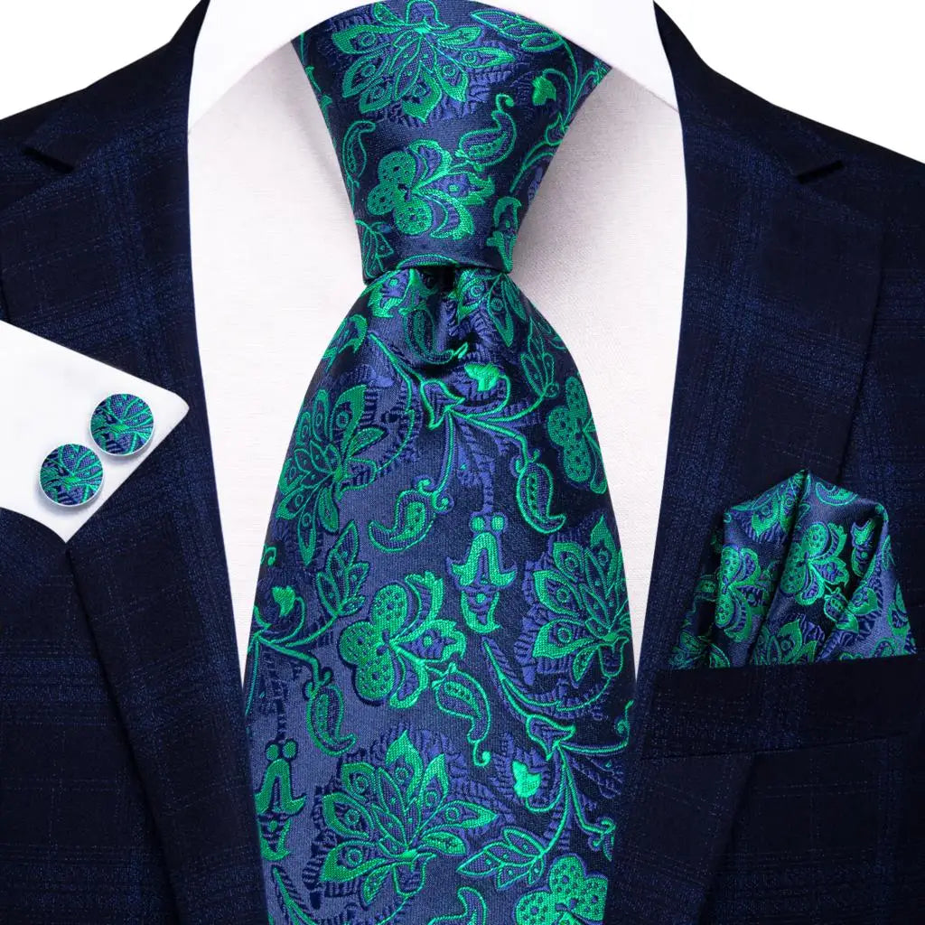 Green paisley silk tie set for men including necktie, pocket square, and cufflinks from The Clothing Company Sydney.